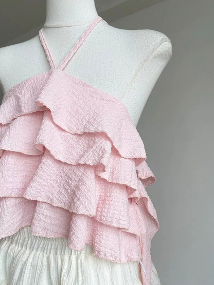 2025 summer new Korean style sweet age-reducing ruffled halter neck suspenders age-reducing versatile slimming tops for women