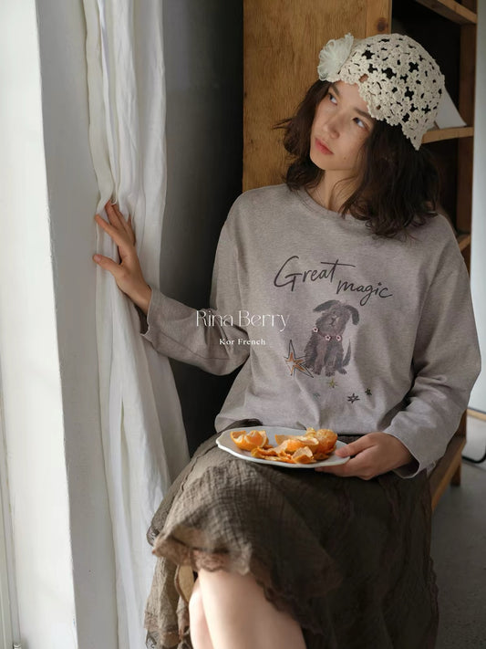Rina Berry Cartoon Dog Beaded-Print Long-Sleeve T-Shirt – Loose-Fit, Drop-Shoulder, Versatile Everyday Top for Autumn