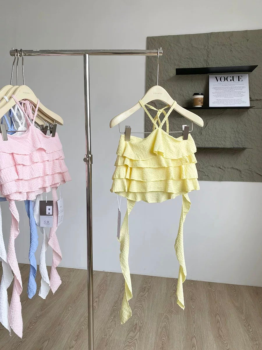2025 summer new Korean style sweet age-reducing ruffled halter neck suspenders age-reducing versatile slimming tops for women