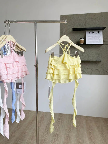 2025 summer new Korean style sweet age-reducing ruffled halter neck suspenders age-reducing versatile slimming tops for women