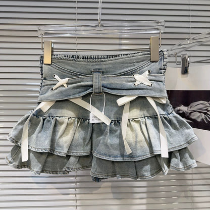 Internet celebrity same style 2025 summer new street sweet cross tie knot denim short skirt cake skirt skirt female