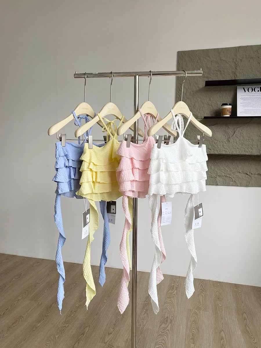 2025 summer new Korean style sweet age-reducing ruffled halter neck suspenders age-reducing versatile slimming tops for women