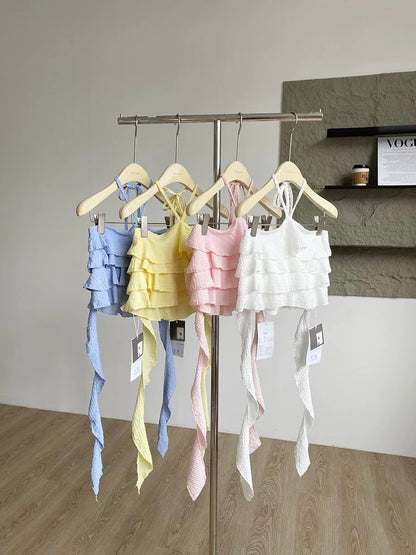 2025 summer new Korean style sweet age-reducing ruffled halter neck suspenders age-reducing versatile slimming tops for women