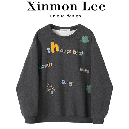 XinmonLee gray embroidery plus velvet round neck sweater jacket autumn and winter age-reducing versatile lazy style loose sweater