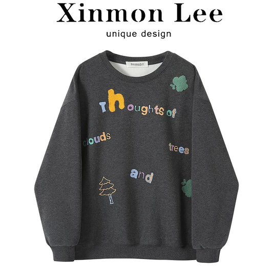 XinmonLee gray embroidery plus velvet round neck sweater jacket autumn and winter age-reducing versatile lazy style loose sweater