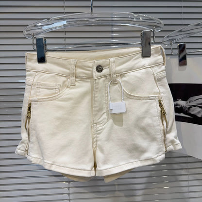 Internet celebrity style 2025 summer new style sweet cool hot girl side metal zipper design washed three-quarter denim shorts