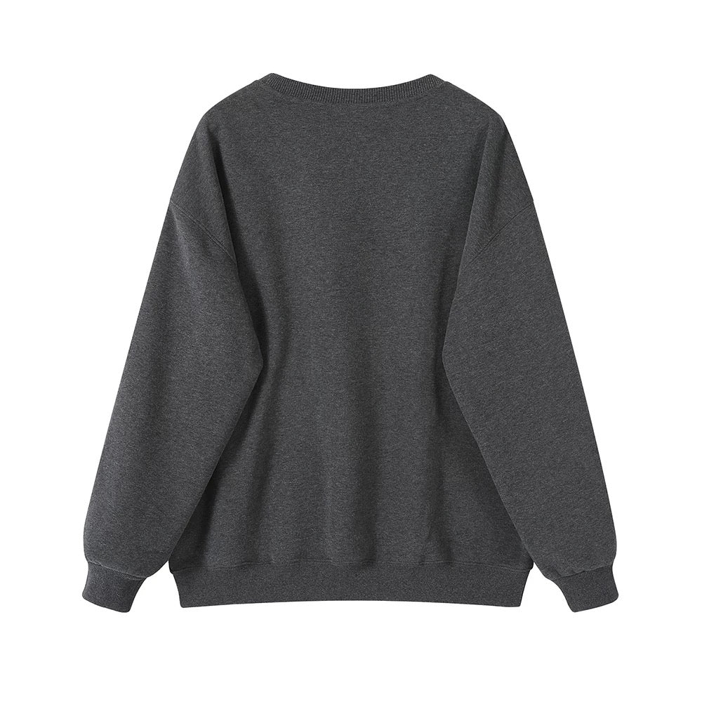 XinmonLee gray embroidery plus velvet round neck sweater jacket autumn and winter age-reducing versatile lazy style loose sweater