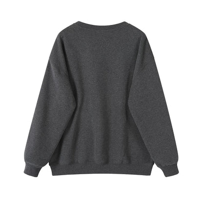XinmonLee gray embroidery plus velvet round neck sweater jacket autumn and winter age-reducing versatile lazy style loose sweater