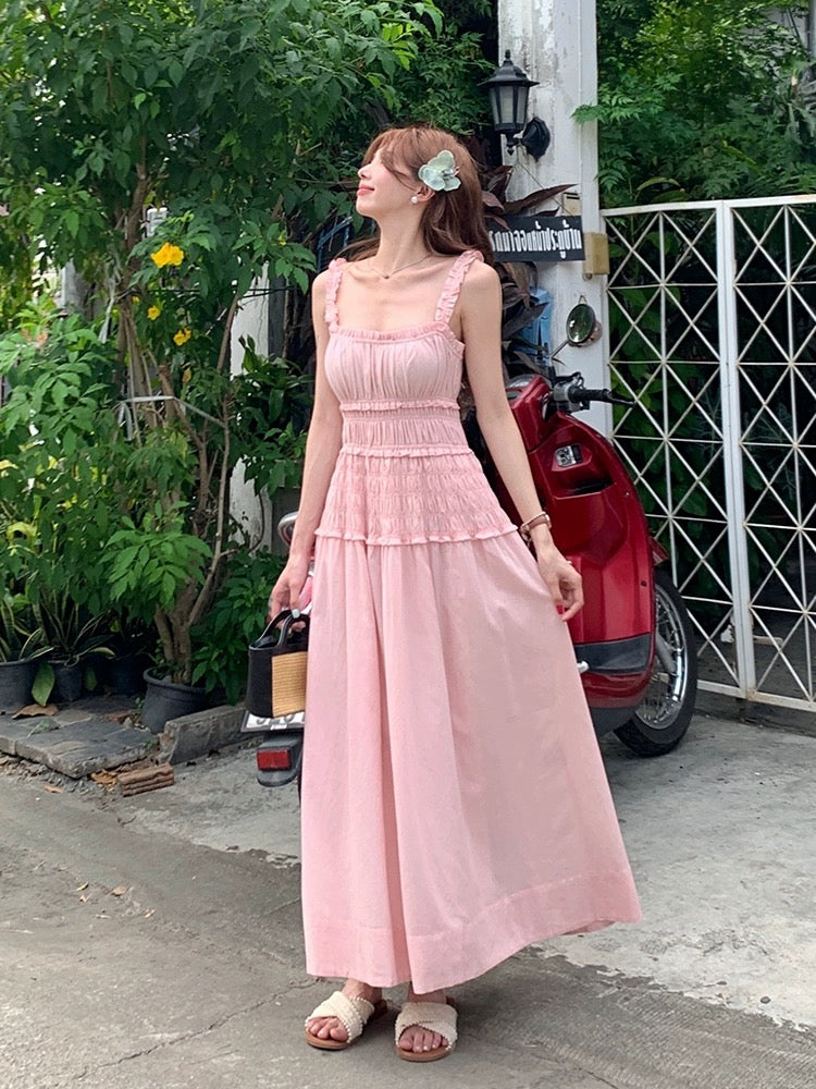 LINGLAI Linglai pink suspender dress women's summer waist slimming French tube top holiday knee-length skirt