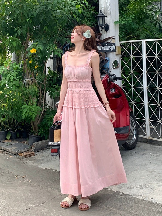 LINGLAI Linglai pink suspender dress women's summer waist slimming French tube top holiday knee-length skirt