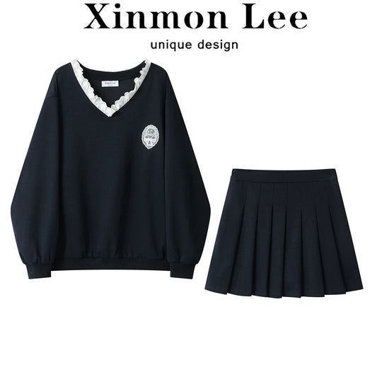 XinmonLee's new Korean two-piece suit for early spring, V-neck splicing lace sweatshirt, age-reducing high-waist pleated skirt