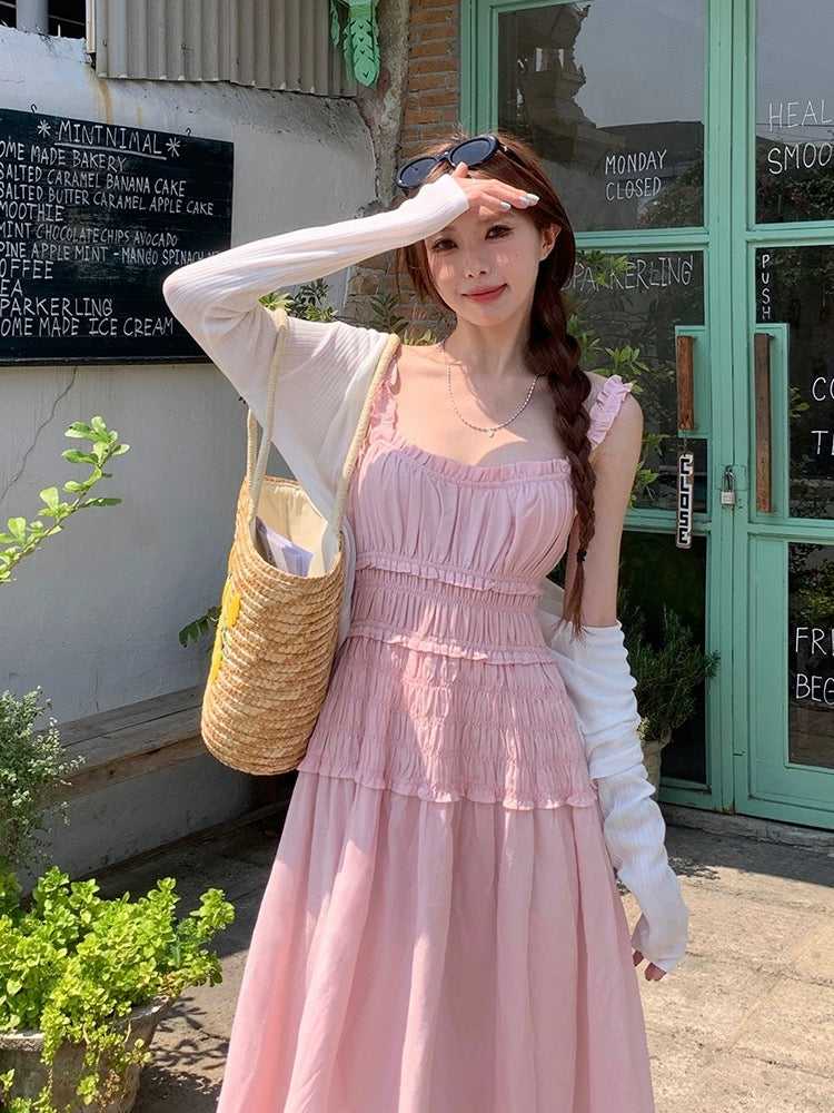 LINGLAI Linglai pink suspender dress women's summer waist slimming French tube top holiday knee-length skirt