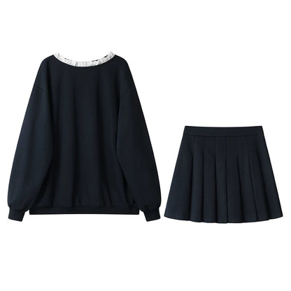 XinmonLee's new Korean two-piece suit for early spring, V-neck splicing lace sweatshirt, age-reducing high-waist pleated skirt