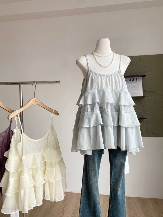 2025 summer new French sweet age-reducing ruffled camisole for women slim casual all-match tops trend