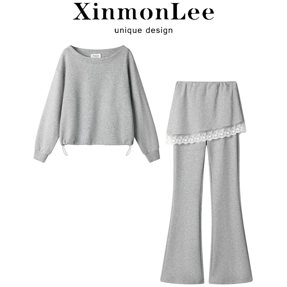 XinmonLee fake two-piece fart curtain pants skirt slim fit slim trousers spring age-reducing loose sweater two-piece set spring