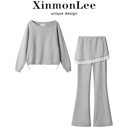 XinmonLee fake two-piece fart curtain pants skirt slim fit slim trousers spring age-reducing loose sweater two-piece set spring