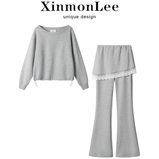XinmonLee fake two-piece fart curtain pants skirt slim fit slim trousers spring age-reducing loose sweater two-piece set spring