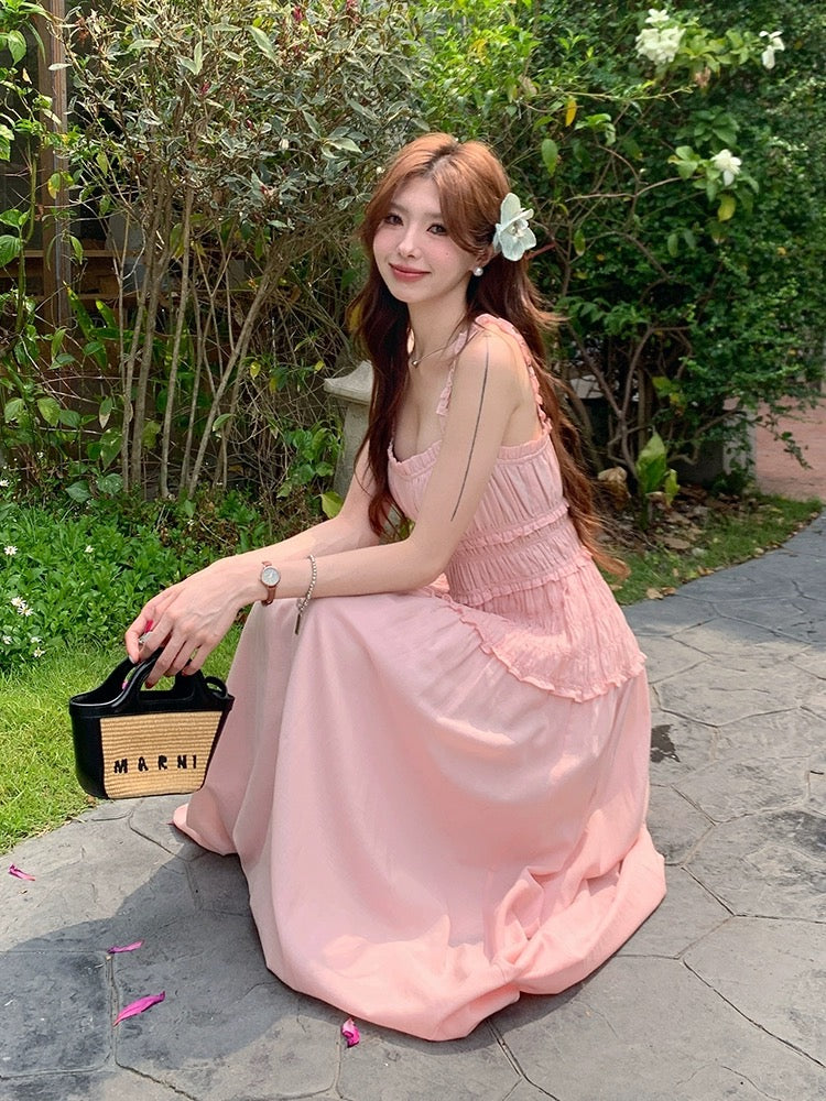 LINGLAI Linglai pink suspender dress women's summer waist slimming French tube top holiday knee-length skirt
