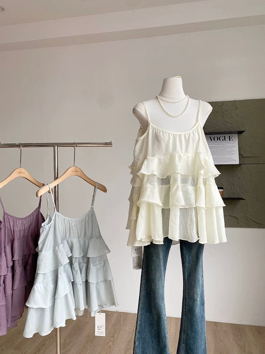 2025 summer new French sweet age-reducing ruffled camisole for women slim casual all-match tops trend