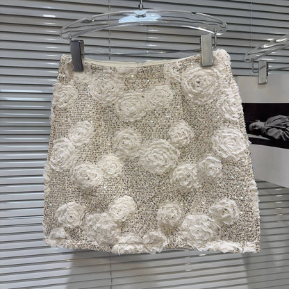 Internet celebrity same style 2025 summer new style small fragrance style chiffon flower sequin heavy short skirt A-line skirt half skirt female
