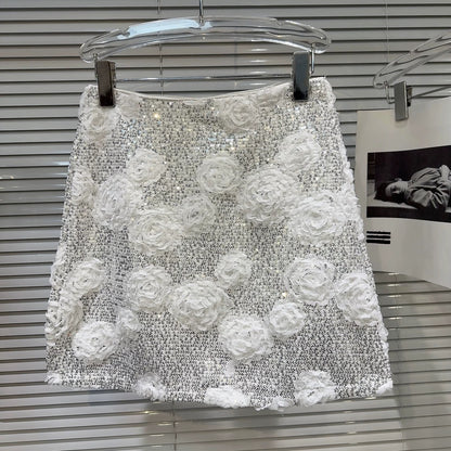 Internet celebrity same style 2025 summer new style small fragrance style chiffon flower sequin heavy short skirt A-line skirt half skirt female