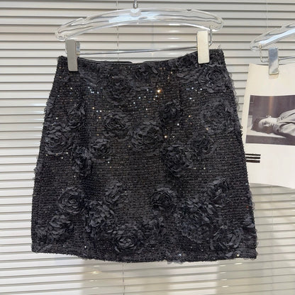 Internet celebrity same style 2025 summer new style small fragrance style chiffon flower sequin heavy short skirt A-line skirt half skirt female