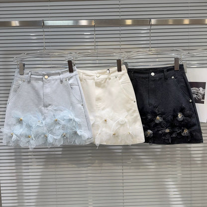 Internet celebrity same style 2025 summer new style temperament lady chiffon flower design denim short skirt A-line skirt half skirt
