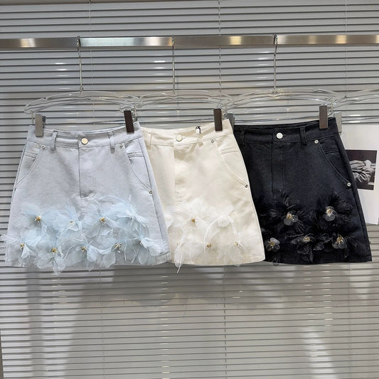 Internet celebrity same style 2025 summer new style temperament lady chiffon flower design denim short skirt A-line skirt half skirt