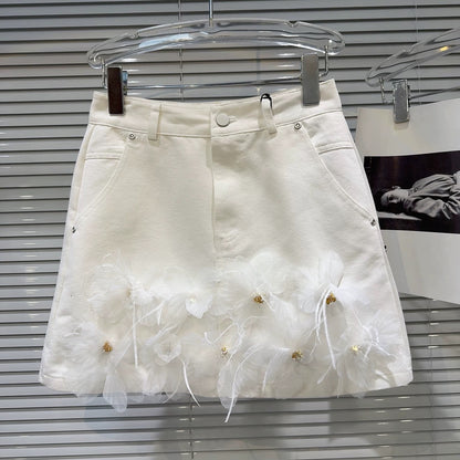 Internet celebrity same style 2025 summer new style temperament lady chiffon flower design denim short skirt A-line skirt half skirt