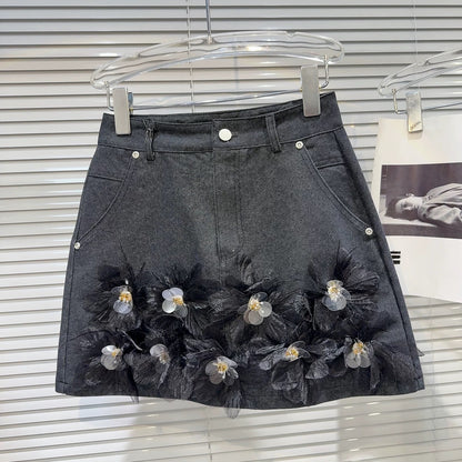 Internet celebrity same style 2025 summer new style temperament lady chiffon flower design denim short skirt A-line skirt half skirt