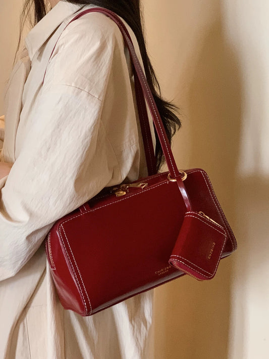 Chio2nd Genuine Leather Strawberry Toast Pillow Bag, Red, Women's Wedding Bag, Shoulder Bag/Underarm Bag