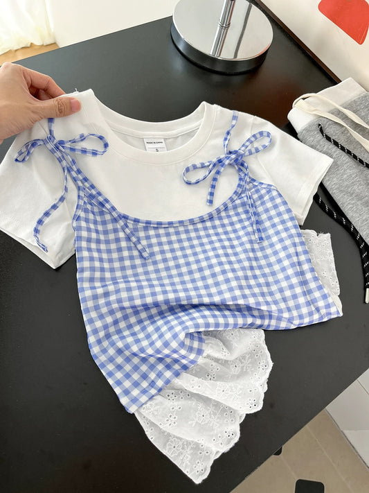10-star recommendation, love it! ! Summer plaid stitching lace fake two-piece top straight shoulder short-sleeved T-shirt for women