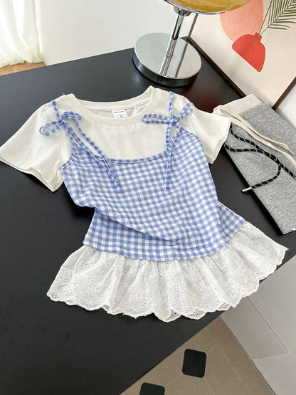 10-star recommendation, love it! ! Summer plaid stitching lace fake two-piece top straight shoulder short-sleeved T-shirt for women