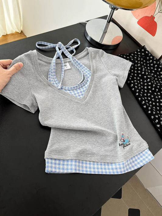 2025 Summer New Light Gray Plaid Fake Two-piece Short-sleeved T-shirt Women's Puppy Embroidery Top