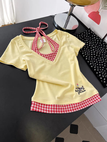 2025 Summer New Light Gray Plaid Fake Two-piece Short-sleeved T-shirt Women's Puppy Embroidery Top