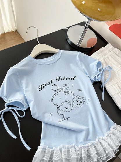 Baby blue lace shoulder short-sleeved T-shirt for women, new summer slim fit tops