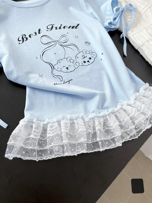 Baby blue lace shoulder short-sleeved T-shirt for women, new summer slim fit tops