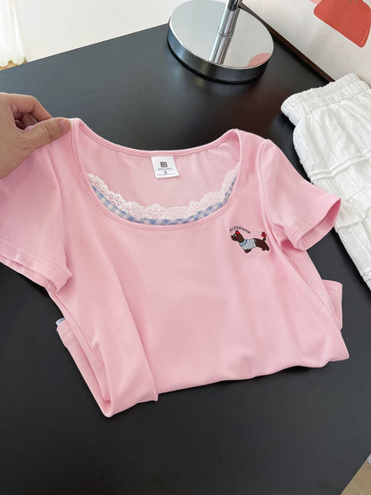 Sweet and cute on the street~Pink and blue plaid fake two-piece non-collision style straight shoulder T-shirt for women summer new slim short-sleeved top