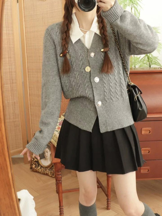 Autumn/Winter Retro Preppy Style Navy Blue Embroidered Letter V-Neck Cable Knit Sweater Cardigan for Women F 8704