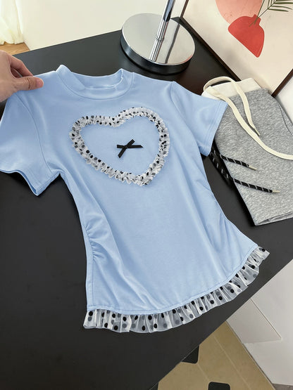 Don't underestimate! The upper body is very elegant ~ light blue splicing lace small top for women in summer with straight shoulders and waist short-sleeved T-shirt