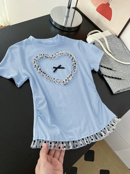 Don't underestimate! The upper body is very elegant ~ light blue splicing lace small top for women in summer with straight shoulders and waist short-sleeved T-shirt