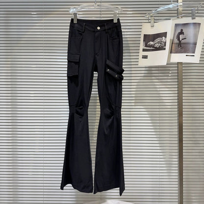The same style as the Internet celebrity 2025 spring new style dark hot girl strap pocket design slim fit slim flared fashion women's pants