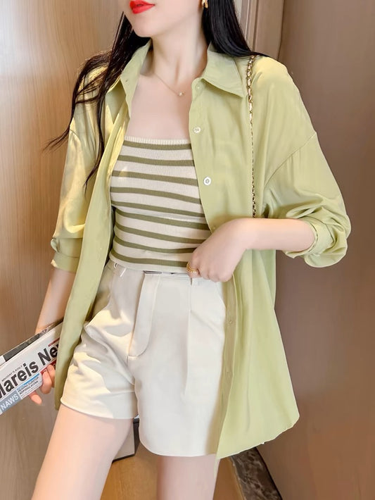 Chic and beautiful shirt for women 2024 new spring and autumn sun protection shirt camisole for small people tea two-piece set