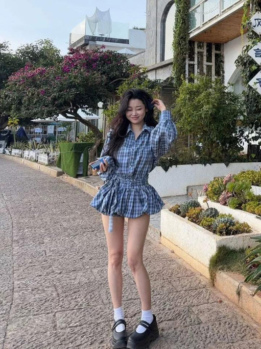 This uniquely designed and stylish two-piece set includes a plaid shirt and a tulip skirt, perfect for spring and youthful looks, especially for petite women.