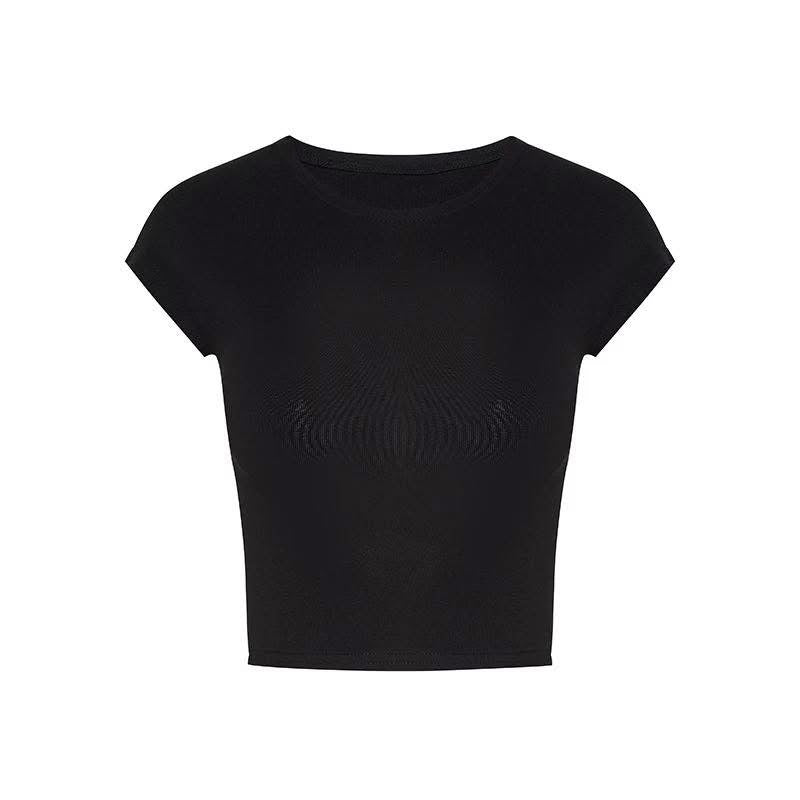Sexy and hot red tight-fitting round neck short-sleeved T-shirt for women, summer versatile stretch waist cropped top