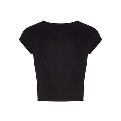 Sexy and hot red tight-fitting round neck short-sleeved T-shirt for women, summer versatile stretch waist cropped top