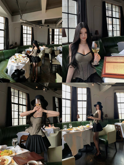 JAYKY YANG【Castle Girl】Retro Plaid Waist-cinching Suspender Pleated Top