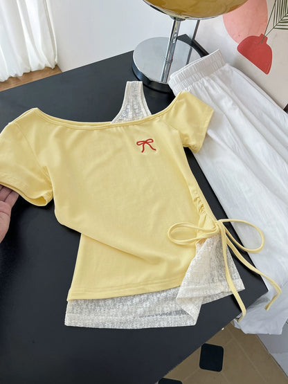 Love it at first sight~ The temperament is off the charts! Summer light yellow splicing lace short-sleeved T-shirt for women with oblique shoulders and pleated waist tops
