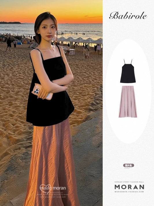 Cool style with a complete set of high-end suits, black outer suspender tops, half-length skirts, two-piece summer suits for women