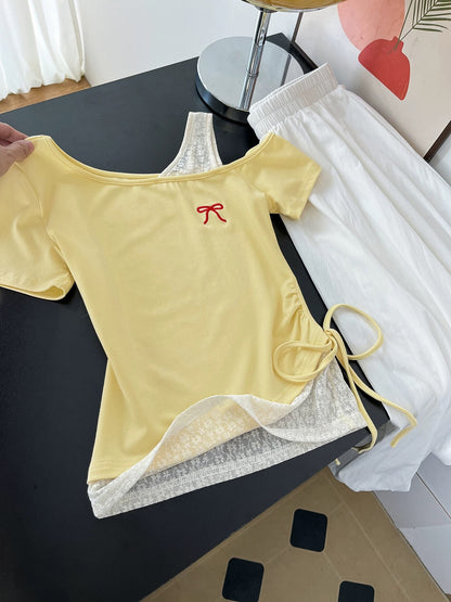 Love it at first sight~ The temperament is off the charts! Summer light yellow splicing lace short-sleeved T-shirt for women with oblique shoulders and pleated waist tops